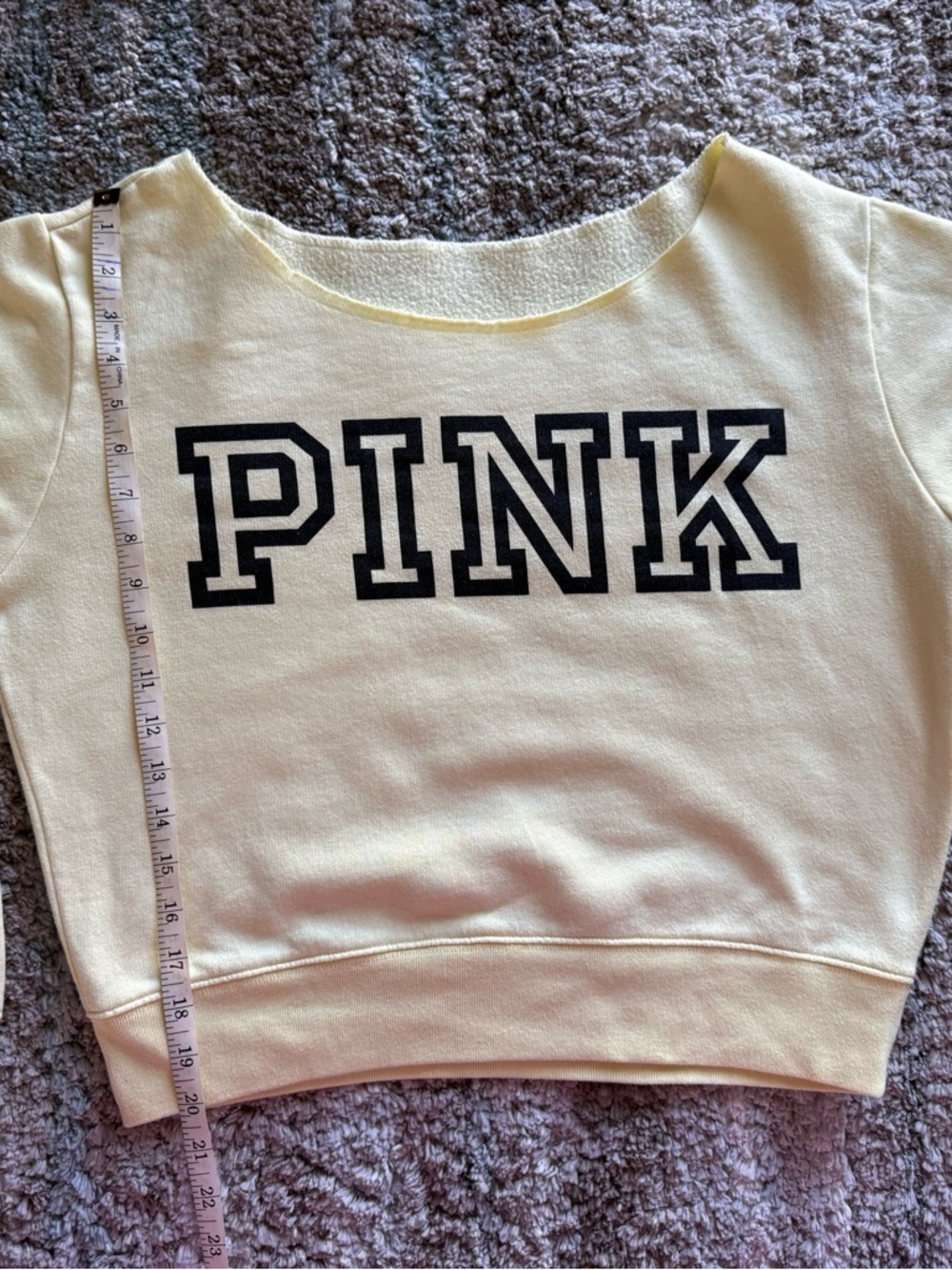 PINK off shoulder Cropped Sweatshirt in Pale Yellow with Black Logo